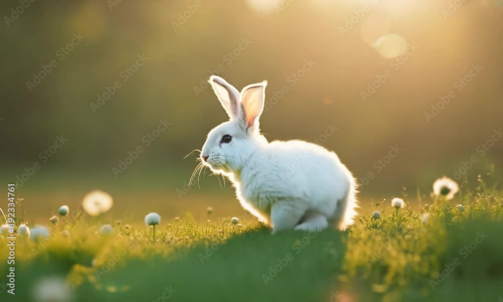 Sticker white rabbit in a meadow