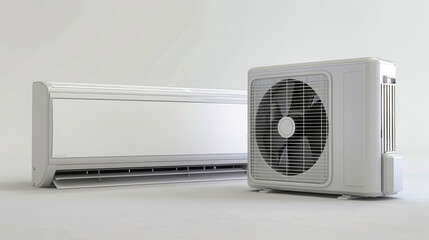 Obraz premium A modern air conditioner unit, complete with indoor and outdoor components, rests on a pristine white surface