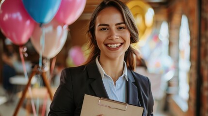 Smiling Event Planner Holding Clipboard at Party

