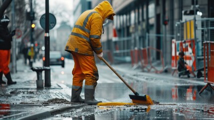 Street Worker Sweeping Wet Pavement in Rainy Weather. Worker's day, Labour Day.
