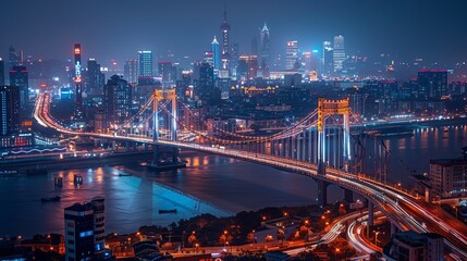 Fototapeta premium At night in Shanghai, China, the Nanpu Bridge twinkles with lights.