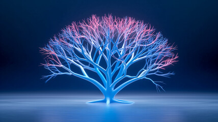 A vibrant, neon-colored tree-like structure resembling veins or neural pathways, glowing in shades of blue and pink against a dark background. The image symbolizes connectivity and technology.