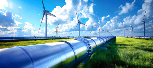 A digital rendering of wind turbines and a futuristic pipeline stretching across a vibrant green field under a clear blue sky