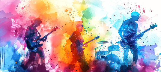 Three rock musicians performing on stage, their silhouettes painted in vibrant colors, creating an abstract and energetic visual