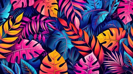 Animated image of tropical plants with bright colors and bold outlines, perfect for wallpapers and textile designs. Background with tropical leaves