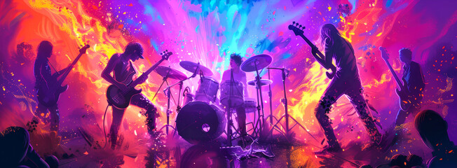 A silhouette of a rock band performing on stage, with vibrant, neon lights illuminating their passionate performance