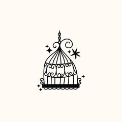 Set of different outlined cages. Line art ornamental bird cages collection, metal animal transport handing cages. Vector modern illustration isolated on background