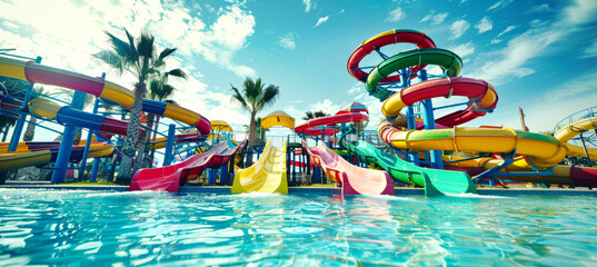 Fototapeta premium A vibrant waterpark filled with colorful slides and a refreshing pool, perfect for a fun-filled day under the sun