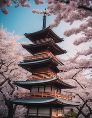 Obraz premium Traditional Japanese pagoda surrounded by cherry blossoms in full bloom, with soft, diffused morning 