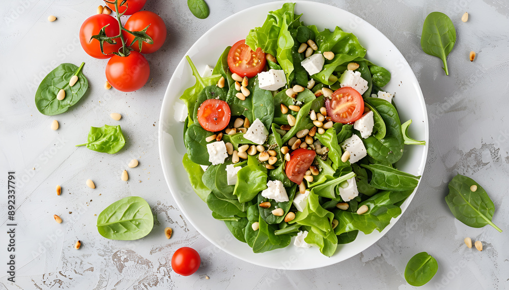 Canvas Prints Dietary salad with tomatoes, feta, lettuce, spinach and pine nuts. Top view. Flat lay