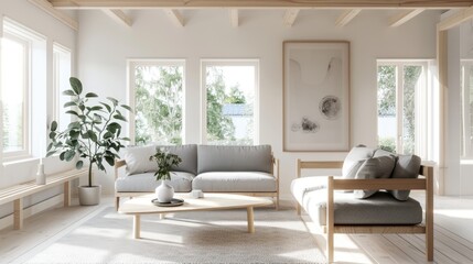 Fototapeta premium A minimalist Scandinavian living room with light wood furniture, white walls, a cozy gray sofa, and large windows letting in natural light.