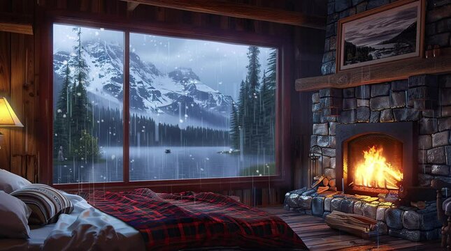 Cozy cabin room with fireplace, showcasing a picturesque winter lake and mountain view through the window, creating a warm and invit Seamless looping 4k time-lapse virtual video animation Generated AI