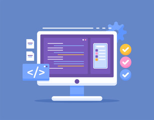 mobile developer software concept. illustration of a computer monitor displaying application creation or smartphone application developer software. technology and work. flat style design. graphic