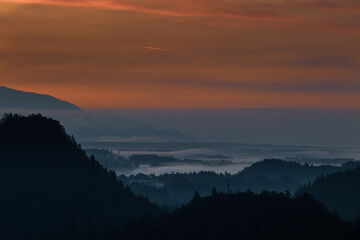 Panorama. Slovenia. Lake Bled. Sunrise.