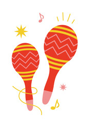 Illustration vectorielle colorée de maracas, avec des étoiles et des notes de musique.