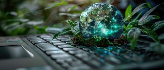 Technology with the concept of nature. Laptop keyboard with green globe. Efficient technology. Digital sustainability. Environmentally friendly technology, sustainable development goals