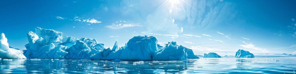 Abstract Melting Glacier Transforming into Sea: Sunny Arctic Blue Landscape Illustrating Climate Change and Global Warming. Conceptual Icelandic Scenery with Floating Ice, Highlighting Ecological and 