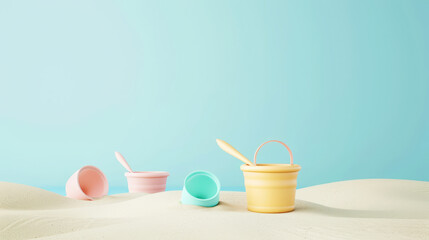 Aesthetic 3d children's cute beach toys for playing with sand, summertime, pastel beige background. Generative AI