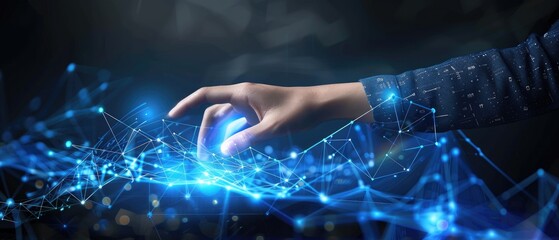 Abstract background of hands touching digital transformation virtual screen. Technology connection Dots and lines for futuristic cyber technology and network connection