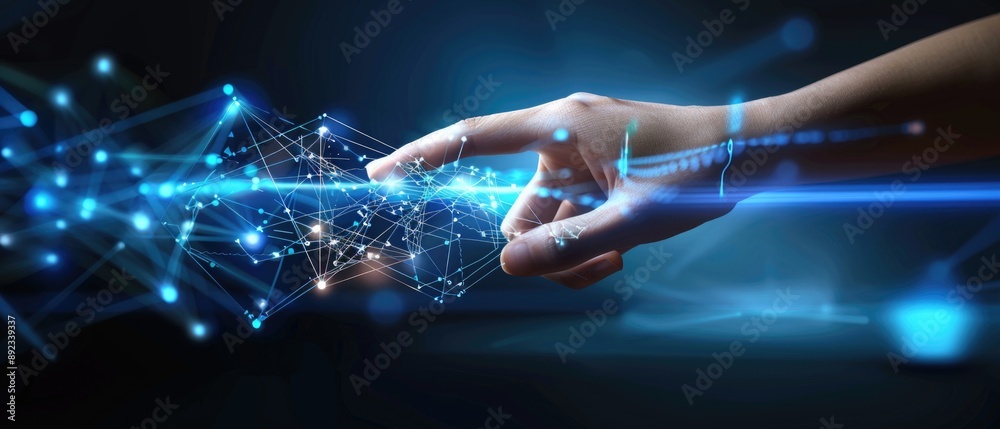 Wall mural abstract background of hands touching digital transformation virtual screen. technology connection d