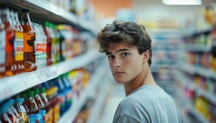 Fototapeta premium Young Man Shopping in Beverage Aisle. Generative ai.