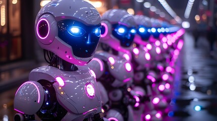 A row of robots with glowing eyes and pink and blue lights. The robots are lined up in a row, and they all look the same