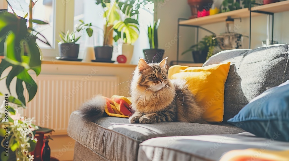 Wall mural sunny living room in pet friendly apartment with long fur persian cat sitting on sofa 