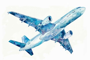 Watercolor painting of a blue airplane in flight. Children's Book Illustration