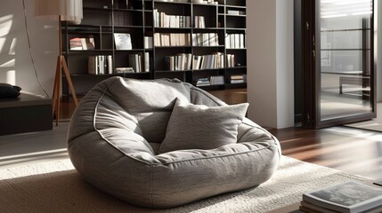 Soft enjoyable beanbag chair in modern living room interior 