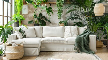 modern living room with a white couch and a lot of green plants 