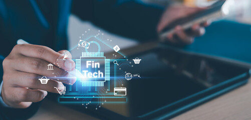 FinTech, Financial technology, Digital banking, AI, Online banking and digital money. Businessman touching virtual FinTech bank on network, Financial banking AI, artificial intelligence technology.