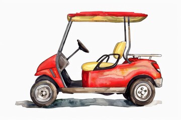 A red golf cart with yellow seats and a canvas top is shown in a watercolor illustration. Children's Book Illustration