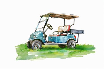 A watercolor painting of a blue golf cart on a green grassy patch. Children's Book Illustration