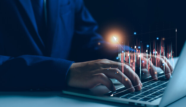 Stock graph and financial chart, Analysis stock market finance volume of stock market with Graph and chart holographic technology, Trading of market indicator, virtual screen of monitor dashboard. - Powered by Adobe