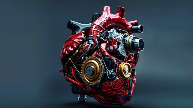 human heart in the shape of a car engine, Mechanical heart, artificial heart concept, future of transplant medicine