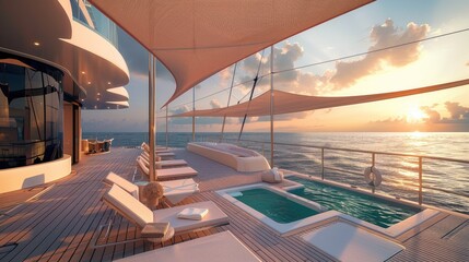 Fototapeta premium A luxurious yacht deck with modern loungers, a hot tub, sun shade sails, and an ocean view with a sunset backdrop.