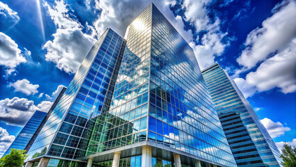 Obraz premium Modern skyscraper with numerous windows reflecting blue sky and white clouds, dominating the urban landscape with its sleek architectural design and green surroundings.