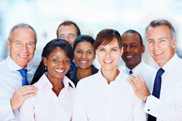 Fototapeta premium Lawyers, group and portrait of business people in office for confidence, career pride or collaboration. Professional, diversity and legal employees for consulting, solidarity or company growth