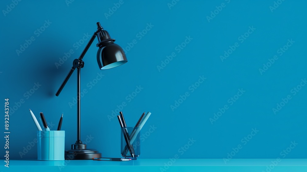 Wall mural A minimalist desk with a lamp, a phone, and two pen holders.