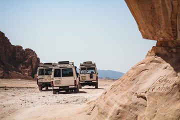 Dahab desert road in Egypt's Sinai Peninsula, view from the cabin of a jeep
