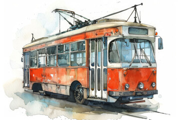 Fototapeta premium A watercolor illustration of a red trolleybus with its overhead wires in the city. Children's Book Illustration