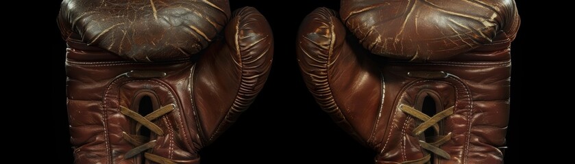 Dynamic Boxing Gloves Displayed with Dramatic Lighting on Black Background, showcasing Detailed Leather Texture and Laces