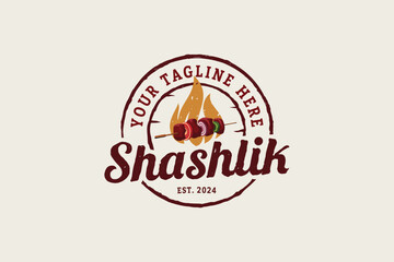 Obraz premium shashlik logo with a combination of a shashlik and fire in the form of an emblem for cafes, restaurants, food trucks, etc. 