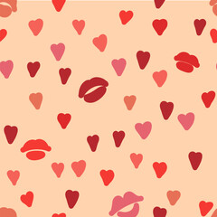 Pattern in red colors on a white background with kisses and hearts. Vector illustration