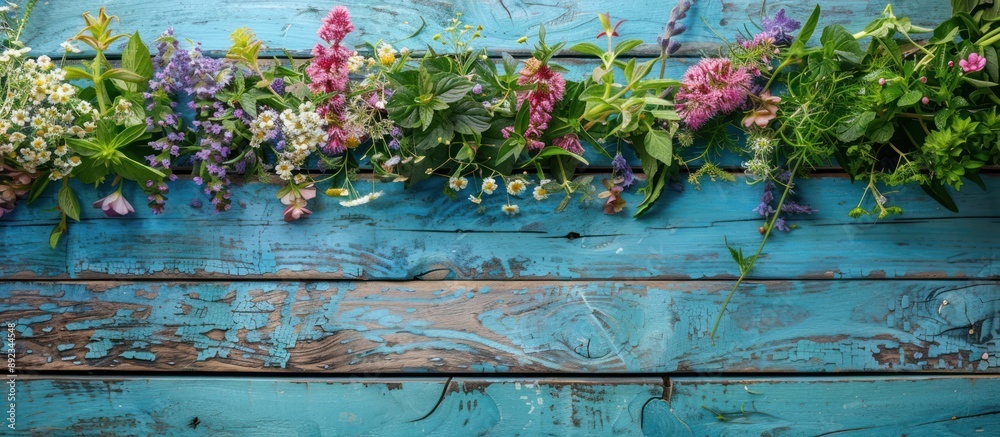 Poster Wildflowers on Weathered Blue Wooden Plank