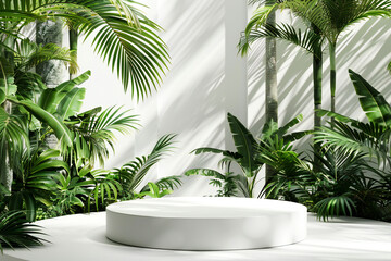 Fototapeta premium Elegant White Display Platform with Greenery Decor for Modern and Minimalist Natural Presentation