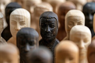 A close-up shot of wooden figures, most white with one black figure standing out