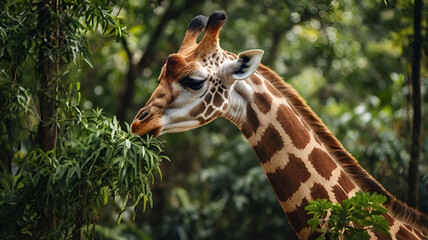 Obraz premium A Giraffe eating tree leaves in jungle, blurry background