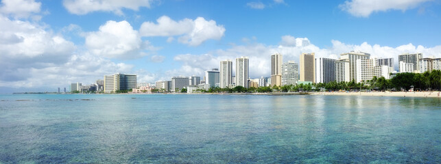 Banner, skyline and cityscape with buildings, water or view of Hawaii with ocean in panorama, harmony or peace. Holiday, trip and travel for vacation as wallpaper, background or texture for adventure