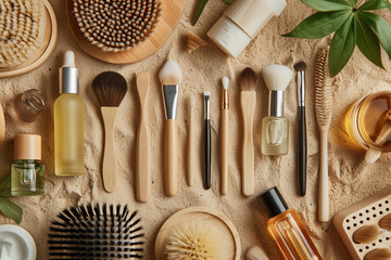 collection of makeup brushes and bottles on a sandy surface. Concept of organization and creativity, as the various items are arranged in a visually appealing manner